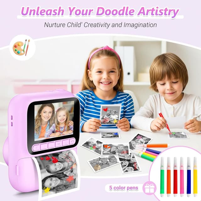 Detalle de Naxup Sofortbildkamera für Kinder mit 1080P, 5 Rollen Druckpapier und 32-GB-Karte (Lila)
