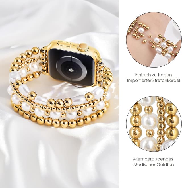 Detalle de V.R.HOPE Perlen-Armband für Apple Watch (44/45/46/49 mm) – elastisches Band mit Gold-Perlen