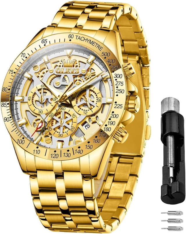 Detalle de OLEVS Herren Skeleton Quarz Business-Uhr mit Edelstahlband, 3ATM wasserdicht – skeleton Look