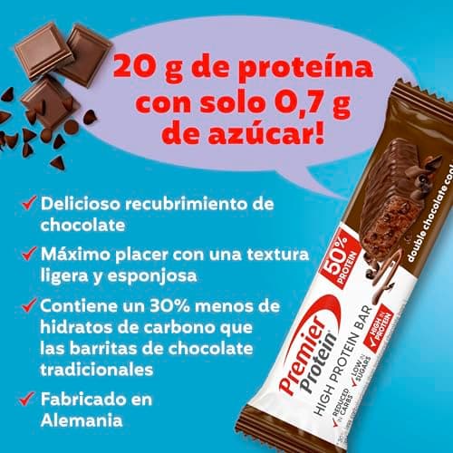 Detalle de Premier Protein High Protein Bar 50% Double Chocolate Cookie (16x40 g), baja en azúcar y baja en carbohidratos