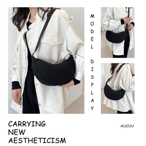 Thumbnail 6 de Aucuu Bolso bandolera para mujer media luna impermeable en pana (negro) con correa ajustable