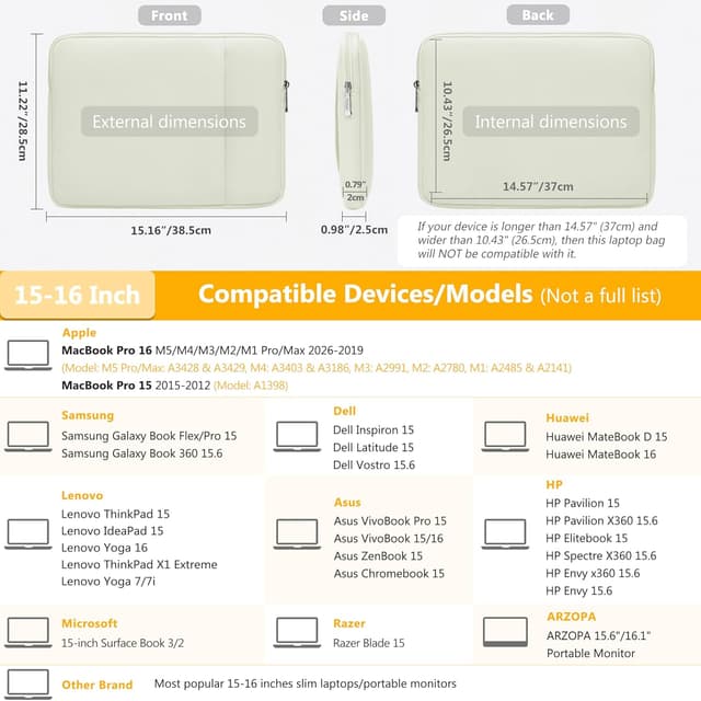 Detalle de HYZUO 15–16 Zoll Laptophülle Set (Beige) für MacBook Pro & viele 15/15,6/16-Zoll-Modelle