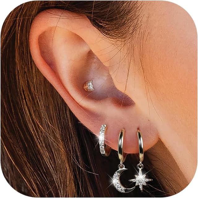 Detalle de Macachii 3 paires de boucles d’oreilles femme en argent 925 plaqué or 14K – mini créoles, étoiles et lunes