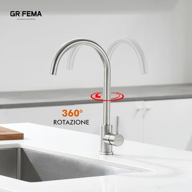 Detalle 2 de GRIFEMA G4008 rubinetto da cucina in acciaio inox con bocca alta e beccuccio girevole 360°