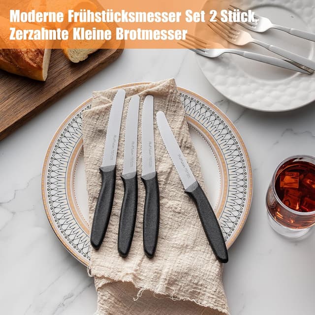 Detalle de Ruffulon Frühstücksmesser-Set (2 Stück) mit Wellenschliff – Edelstahl-Tafelmesser für Brot & Tomaten