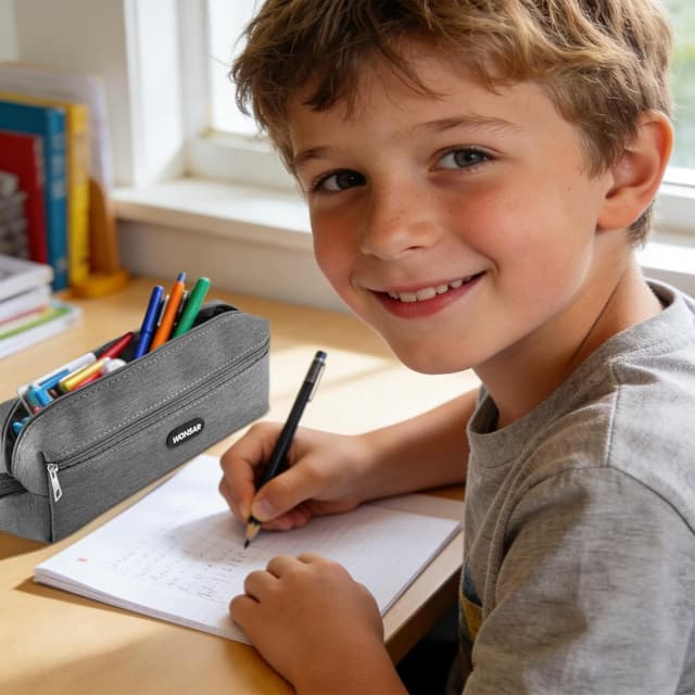 Detalle 2 de wonsar Federmäppchen Mäppchen Federtasche (Grau) – schlankes Stifteetui für Schule, Büro und Reise