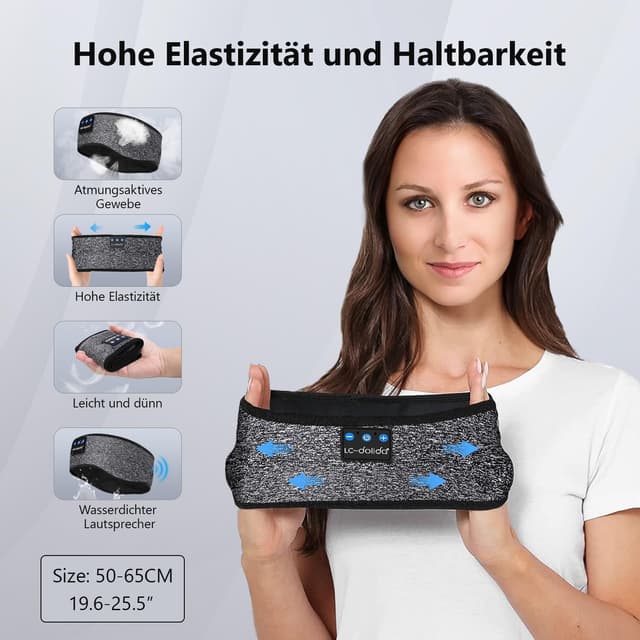 Detalle de LC-dolida Schlafkopfhörer Bluetooth 5.4 – Stirnband zum Schlafen, Musik & Training (Grau)