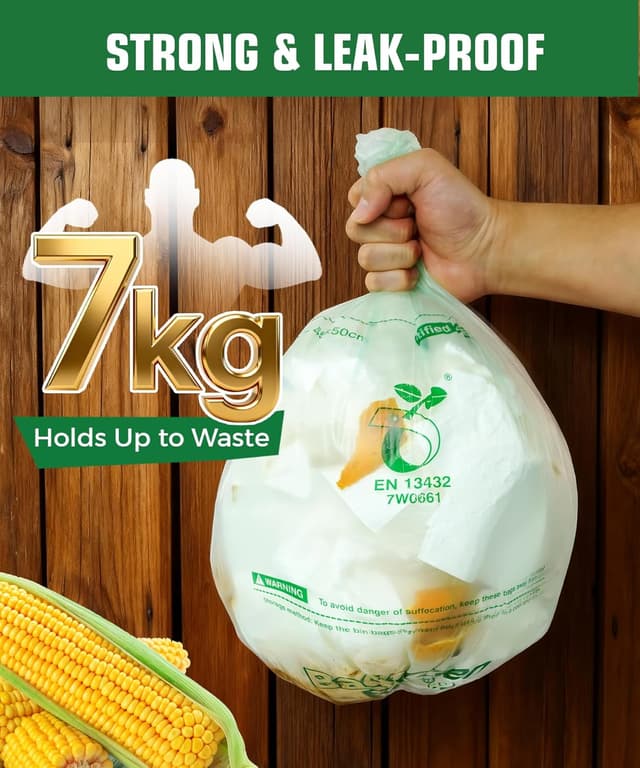 Detalle de Ginkgo 100 Pack Compostable Food Waste Bags, 10L Heavy Duty Kitchen Caddy Liners (plant-based, unscented)