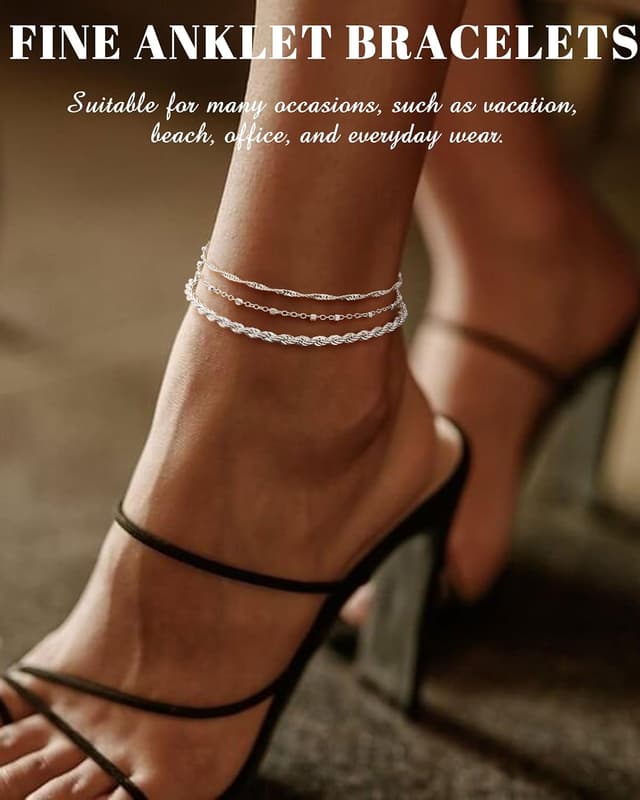 Detalle de CASSIECA Silber/Gold Fußkettchen Set (925 Sterling Silber) – verstellbar, stapelbar, wasserfest