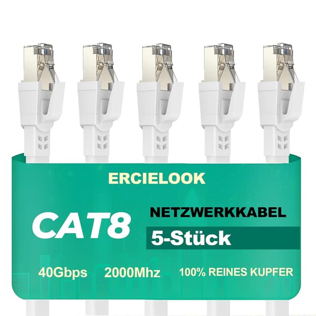 Detalle de Ercielook LAN-Kabel Cat8, 0,25 m (5er-Set) – wetterfest, UV-beständig, bis 40 Gbit/s