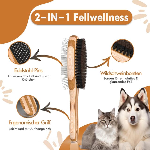 Detalle de Bambus 2in1 Hundebürste & Katzenbürste – Glätten und Entfilzen für mittel- bis langhaariges Fell