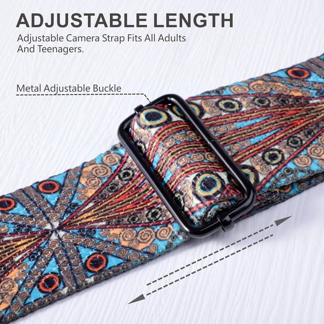 Detalle de Padwa Lifestyle Adjustable Camera Strap with Quick Release Clip – 2 inch full grain leather ends & embroidered cotton strap