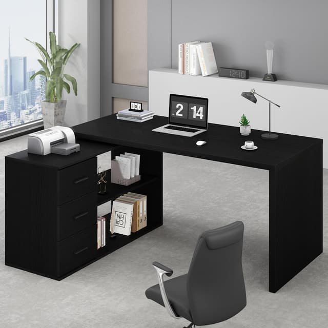 Detalle de HSH Eckschreibtisch in L-Form mit Schubladen, umkehrbar – großer Workstation-Arbeitsplatz (schwarz, 150 cm)
