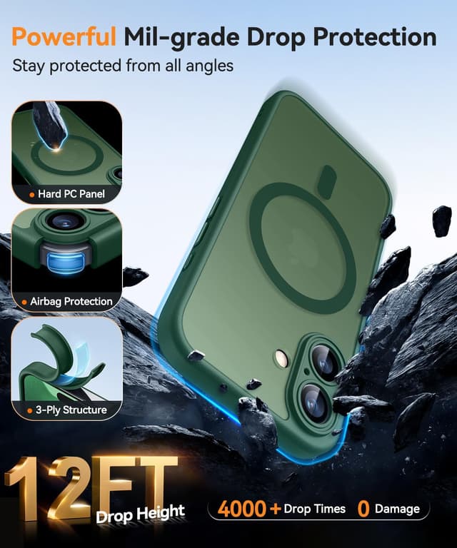 Detalle 2 de CANSHN Magnetic iPhone 17 Case (6.3") with full camera protection, MagSafe compatible, translucent matte – Deep Green