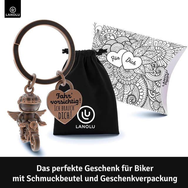 Detalle 2 de LANOLU Motorrad-Schlüsselanhänger „Engel auf dem Motorrad“ aus Metall – Geschenk für Motorradfahrer