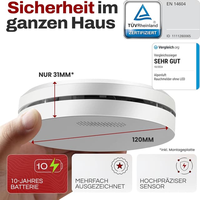 Detalle 2 de ALPENLUFT Rauchmelder 10 Jahre Batterie 🏠