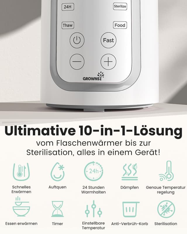 Detalle de GROWNSY Flaschenwärmer Baby 10-in-1 mit Timer: präzise Temperaturkontrolle & automatische Abschaltung