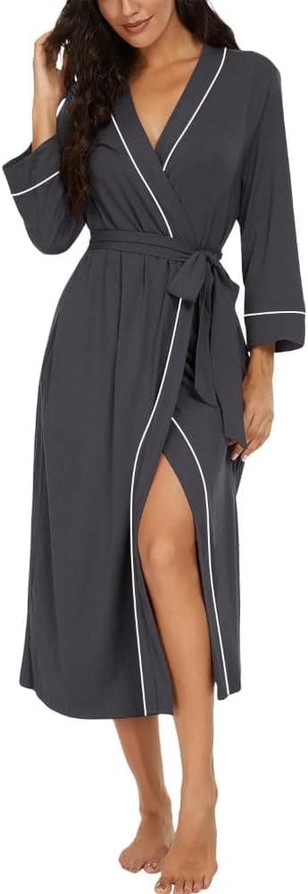 Detalle de PrinStory Damen-Bademantel Kimono mit 3/4-Ärmeln, 95% Viskose/5% Elasthan