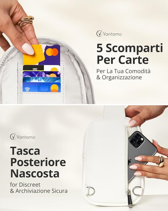 Detalle de Vantamo tracolla crossbody da donna in pelle vegana con blocco RFID e clip anti-borseggiatore