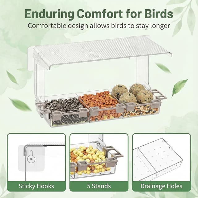 Detalle 2 de Furkoazki Window Bird Feeder with Clear Acrylic Construction (Three Compartments, 5 Perches)
