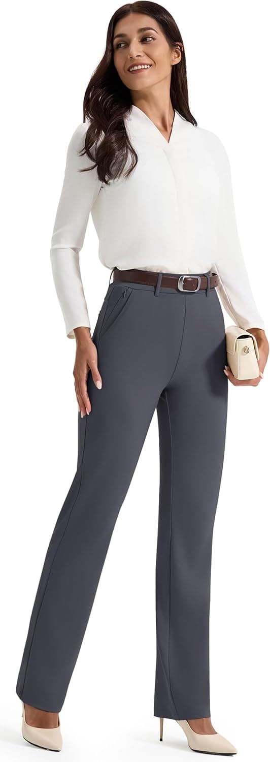 Detalle 2 de AFITNE Women’s Straight Leg Trousers with Pockets (UK 29''/31''/33'' lengths) – Pull-on stretch office & casual pants