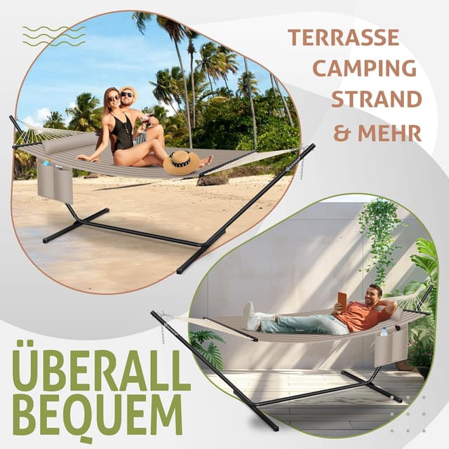 Detalle de KESSER® Hängematte Hill mit Gestell, Kissen & Doppel-Hängesessel für 2 Personen (bis 200 kg) – Taupe