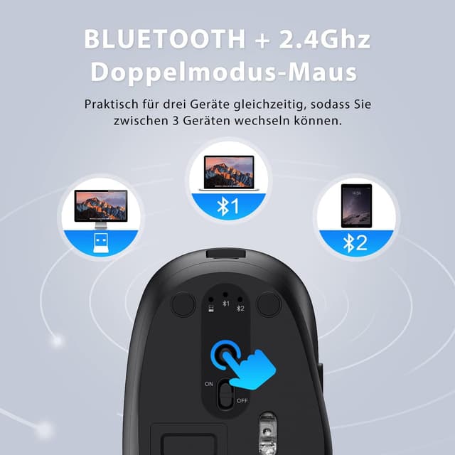 Detalle 2 de iClever Bluetooth Tastatur mit Maus (Dualmodus, 3 Geräte) – wiederaufladbar, USB & Bluetooth, QWERTZ (Grau)