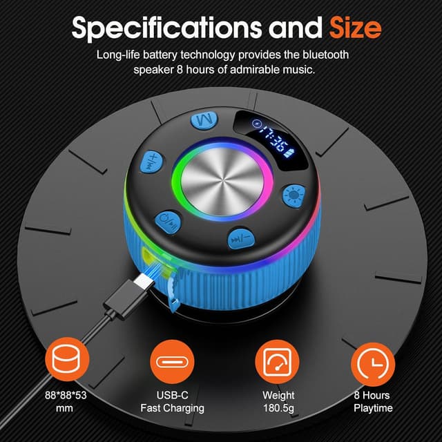 Detalle 1 de PRSCFUM Bluetooth Shower Speaker (IPX7) with LED lights, time display and Bluetooth 5.3