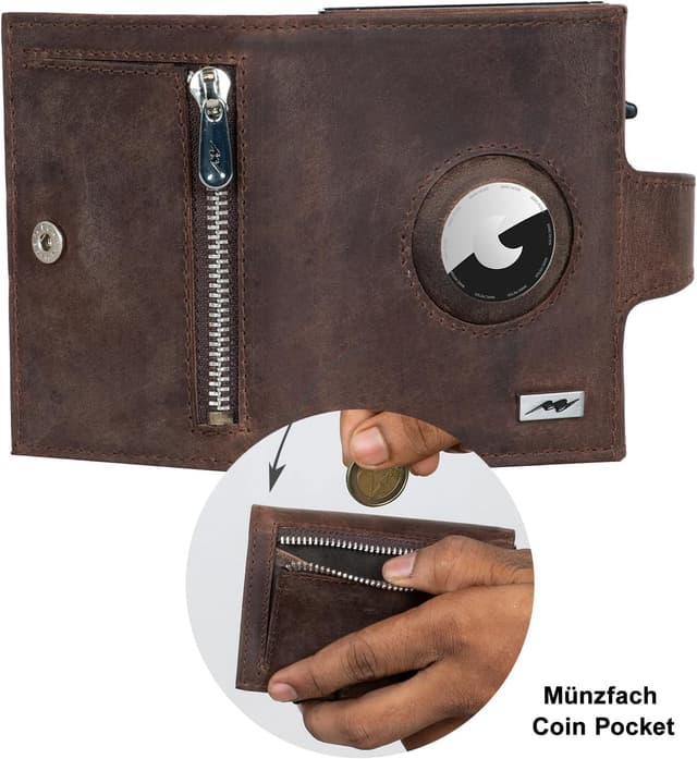 Detalle 2 de Marc Peter Chicago Vintage Braun Leder Push AirTag-Geldbörse mit Münzfach (RFID-Schutz), kleines Mini-Portemonnaie