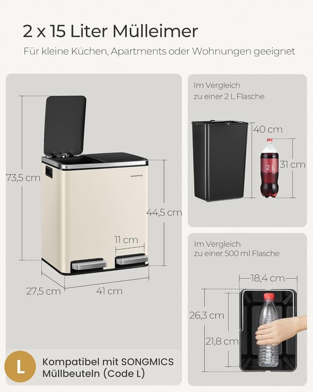 Thumbnail 5 de SONGMICS LTB30A02 Mülleimer 2×15 L 🗑