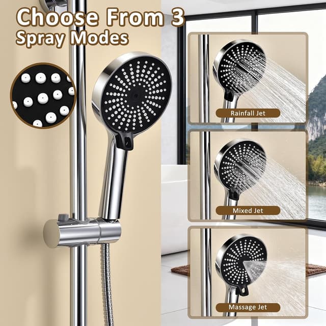 Detalle de KeeGone Duschsystem mit höhenverstellbarer Armatur, 26 cm Regendusche & 3-funktion Handbrause (ohne Thermostat)