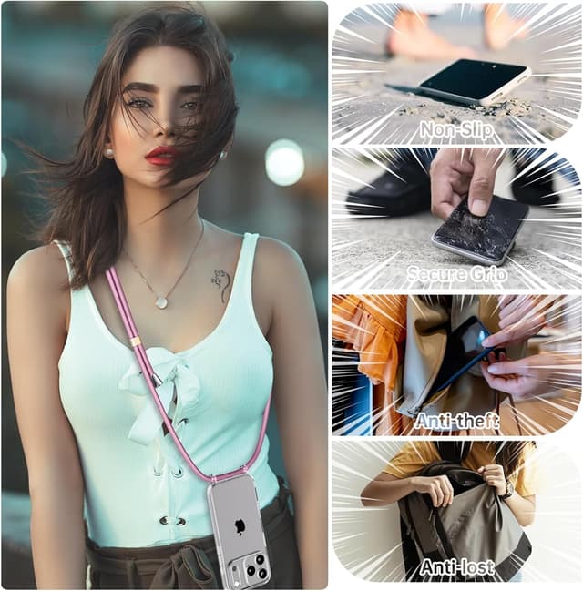 Thumbnail 6 de OLEPHY Cover trasparente con cordino e tracolla per iPhone 17 Pro Max 6,9" (oro rosa) antiurto e anti-graffio