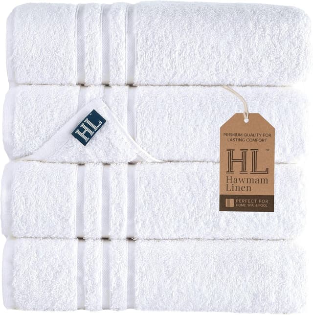 Detalle de Hawmam Linen White Bath Towels 4-Pack, 27 x 54 Inches, 100% Turkish Cotton