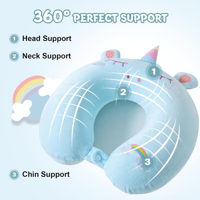 Detalle de Cirorld Kids Travel Pillow & Neck Support with Memory Foam and Sleep Mask (Blue Unicorn)
