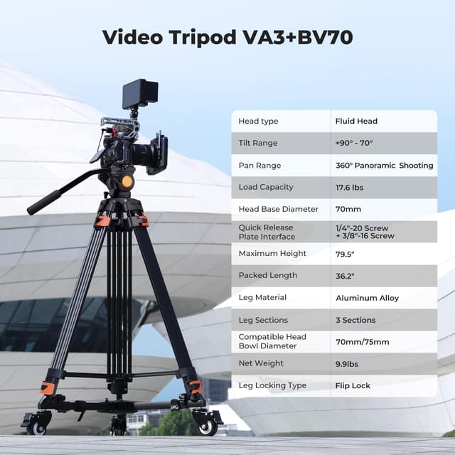Detalle de K&F CONCEPT 80" / 202cm Video Tripod with Fluid Head (QR Plate) – Heavy-Duty Aluminium, up to 8kg