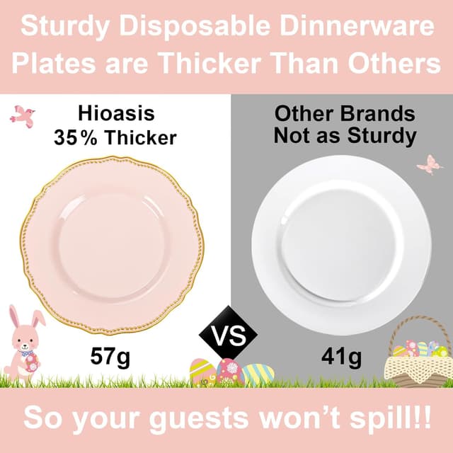 Thumbnail 6 de Hioasis 60pcs Pink Plastic Plates (10.25 in) with Pink & Gold Rim — BPA-Free Disposable Dinnerware for Parties