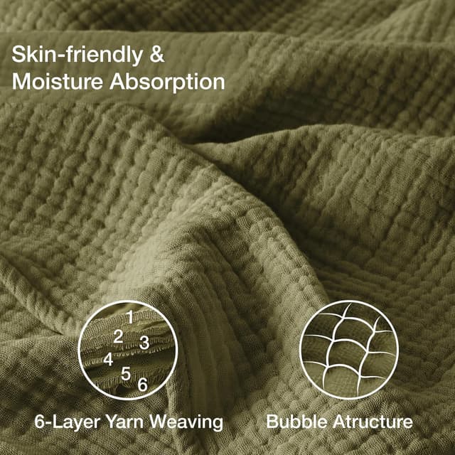 Detalle de Kozyhvn 100% Cotton Muslin Blanket (Twin 66" x 90") in Olive Green