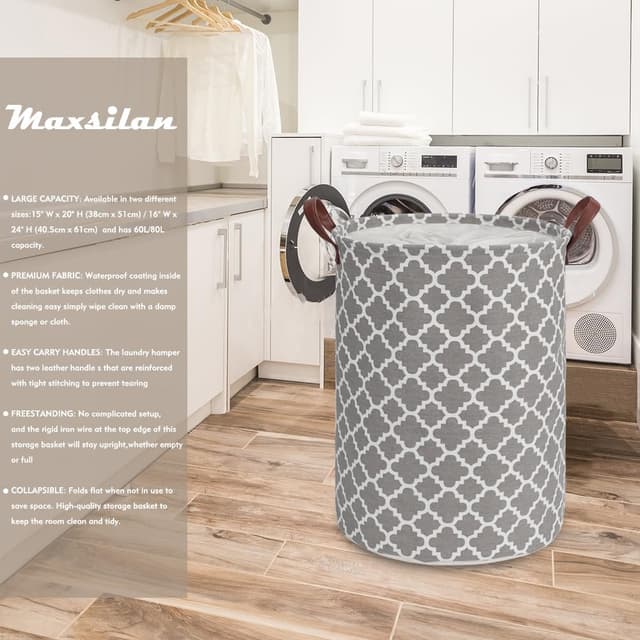 Detalle 2 de Maxsilan 80L X-Large Laundry Basket with Drawstring (Collapsible, Grey)