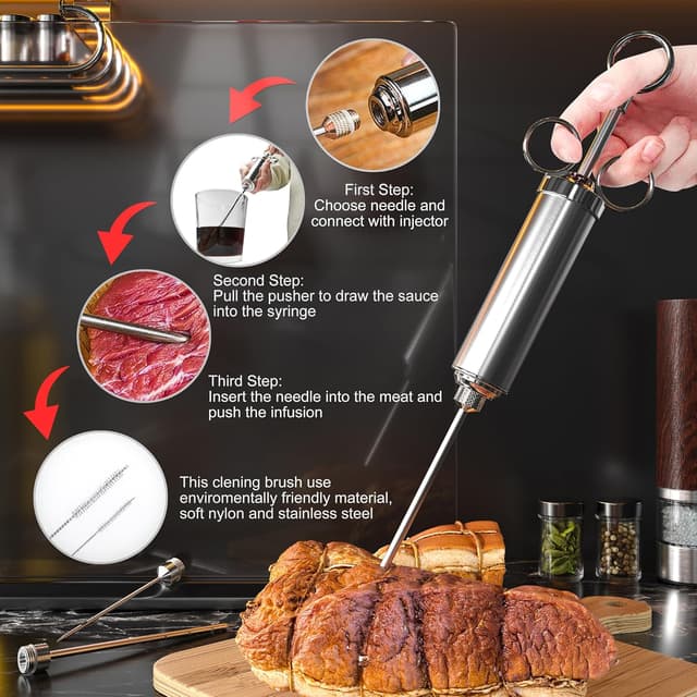 Detalle de Nifogo Siringa da cucina in acciaio inox con iniettore di condimento, spintore a tre anelli e 3 aghi