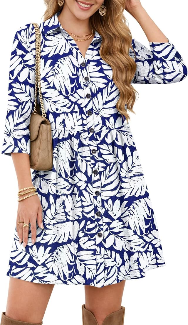 Detalle de WNEEDU robe chemise femme d’été à manches 3/4, taille empire et poches (courte devant/plus longue derrière)