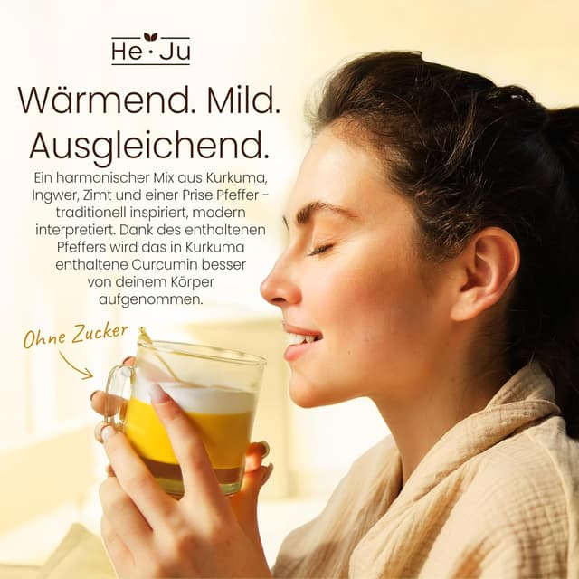 Detalle de He-Ju Bio Goldene Milch Classic – Kurkuma-Latte Pulver mit Lucuma & Prise Pfeffer, zuckerfrei, vegan (150 g)