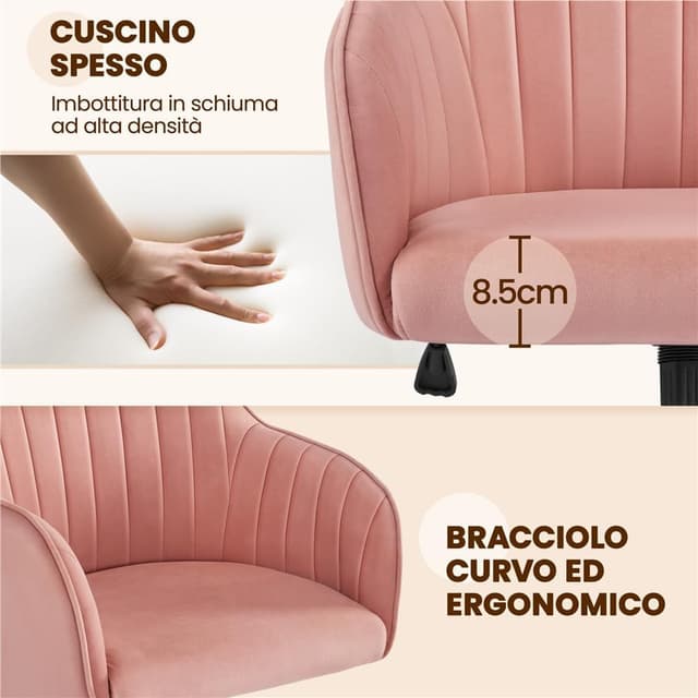 Detalle de Yaheetech Sedia da scrivania ergonomica in velluto rosa girevole, reclinabile e regolabile in altezza (portata 136 kg)