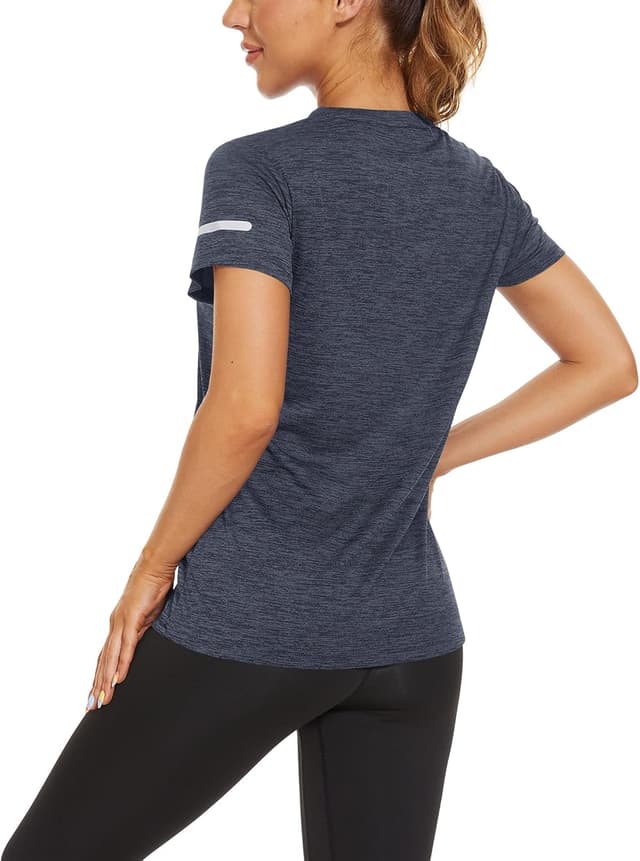 Detalle de KEFITEVD Ladies Short Sleeve Sport Top – Quick-Dry Running T-Shirt with Reflective Stripes