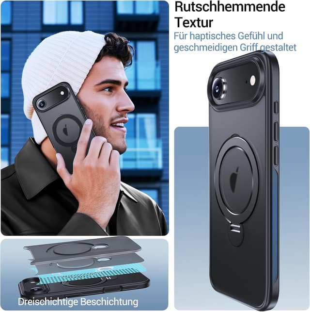 Detalle de Anqrp 360° All-in-One-Ständerhülle für iPhone 17 Air (6,5 Zoll) – Magnetisch mit drehbarem Ringhalter, Schwarz