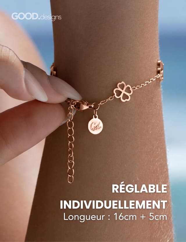 Detalle 2 de GD GOOD.designs Bracelet trèfle pour femme ajustable en acier inox 316L (16–21 cm)