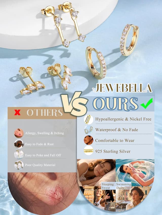 Detalle de JeweBella Set aus 3 Paar Ohrringen in Sterlingsilber 925 (vergoldet, Zirkonia) – Damen