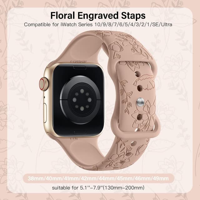 Detalle de Yoohoo Floral Engraved Strap Silicone Band for Apple Watch (38mm–49mm), Milk Tea