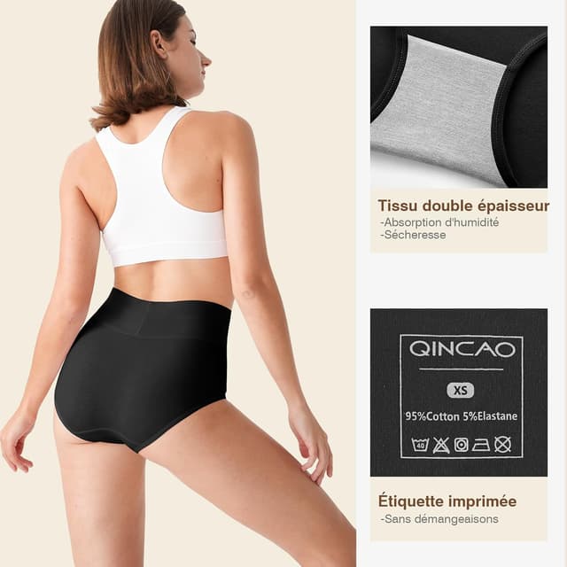 Detalle de QINCAO Culottes femme taille haute en coton (pack de 6) – ceinture élastique double couche, sans étiquette