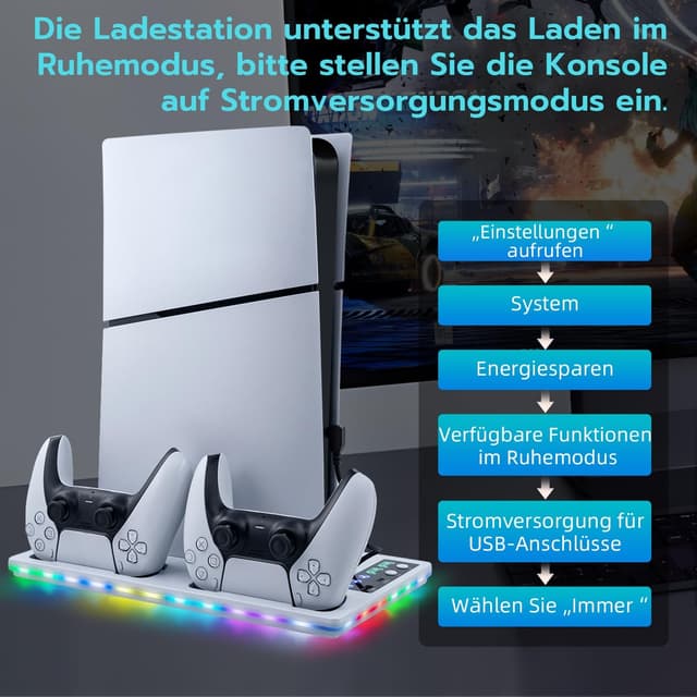 Detalle de Wigearss PS5 Kühler Standfuß mit Dual-Controller-Ladestation, Lüfter und RGB-Licht für PS5 / PS5 Slim / PS5 Pro