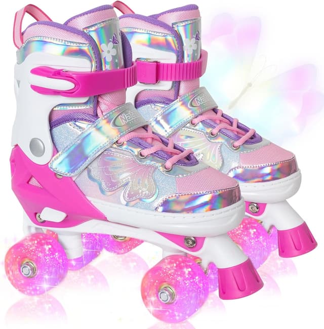 Detalle de Nattork Kids Roller Skates (Adjustable Quad Skates, 4 Sizes) with Light-Up Butterfly & Flower Wheels